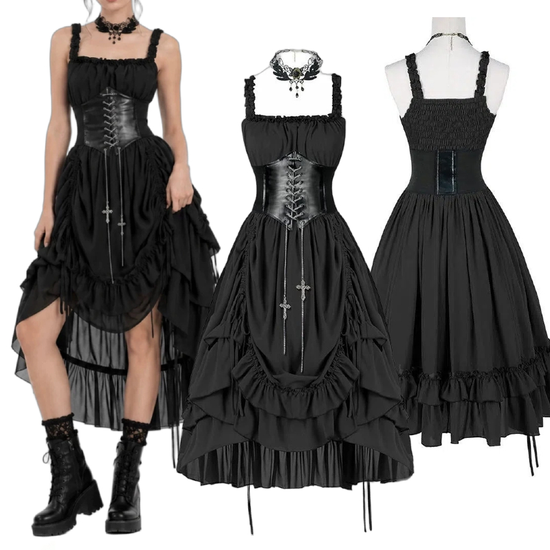 Vintage Slip Dress - Женское готическое платье-корсет, черное, в стиле